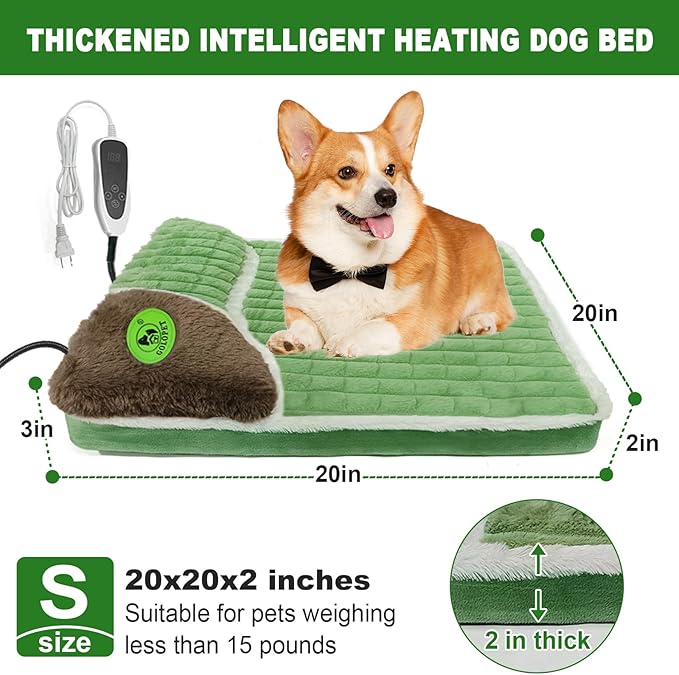 Heated Cat Bed Indoor Washable Bed Memory Foam Soft Dog Bed with Side Pillow, Smart Temperature Control Switch, Removable Cotton Sleeve Wash-Green (Green, 20 x 20 x 2 in)