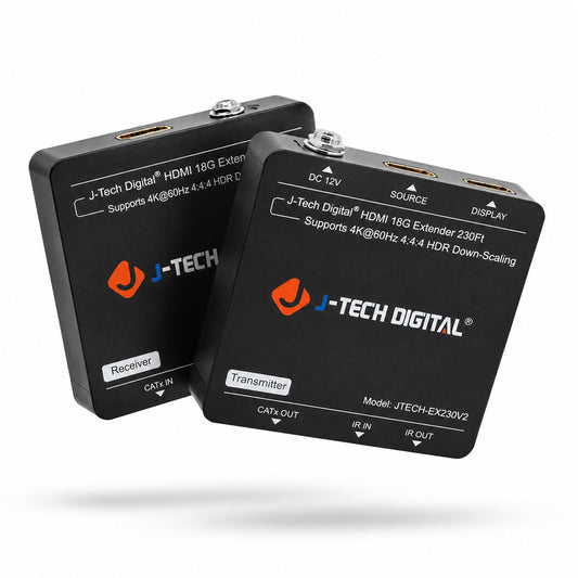 HDMI Extender 4K 60Hz Over Cat5e/6 Ethernet Cable Up to 230ft. Supports 4K Downscale HDMI Loop Out PoC HDR Bi-Directional IR by J-Tech Digital [JTECH-EX230V2]