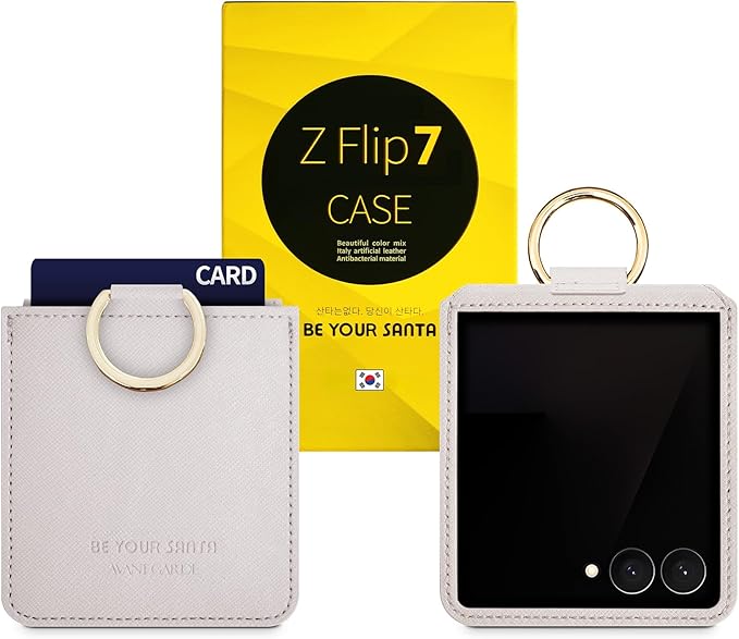 [BeYourSanta] Galaxy Z Flip 7 Case with Ring - Avant-Garde Handmade Saffiano Vegan Leather Case, Anti-Scratch Hinge Protection, Made in Korea (1 Pocket, Cream Beige)