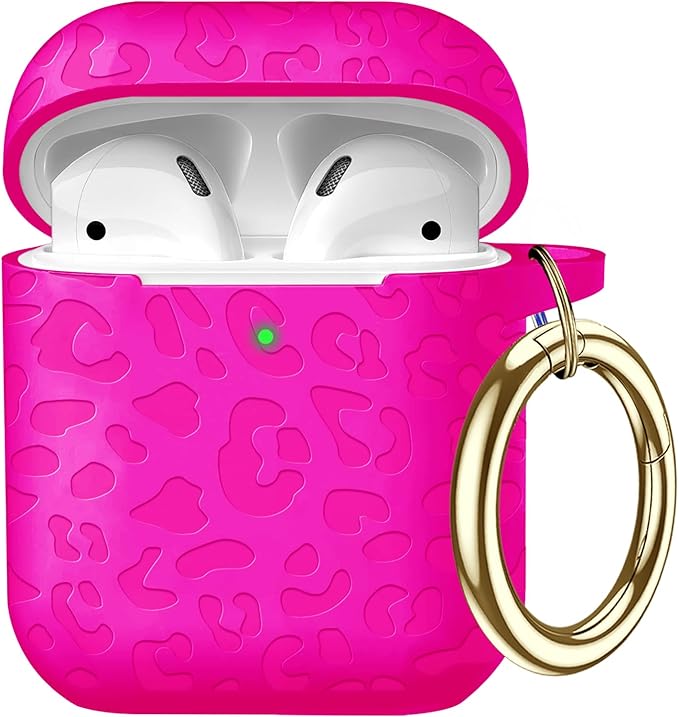 Compatible with Airpods Case Leopard Engraved Skin Cover Compatible with Airpods 2nd/1st Charging Case,Cute Soft Silicone Full Protective, Front LED Visible, Hot Pink