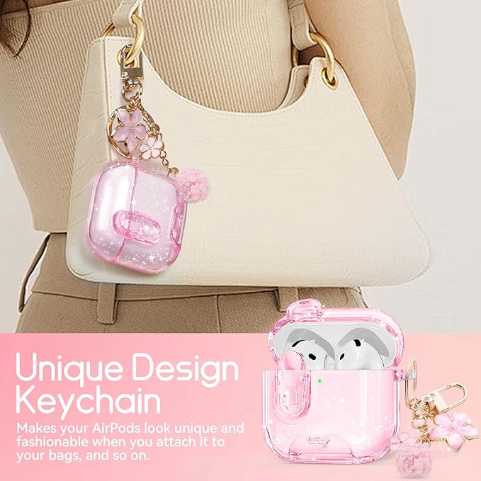 Clear Case for AirPods 4 Case Cover with Safety Lock,Soft TPU Cover with Phone Stand & Cleaning Kit,Cute Bling Keychain for Women Girls-Glitter Pink