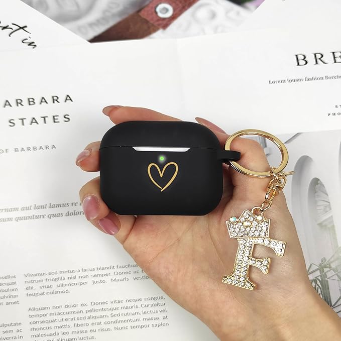 Compatible with AirPods Pro 3 Case Cover (2025), Soft Silicone Case with Gold Heart Pattern for AirPods Pro 3rd Generation Case with Rhinestone Studded Letter A-Z Keychain (F Black)