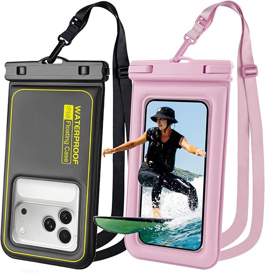 Floating Waterproof Phone Pouch 2 Pack, IP68 Waterproof Phone Case, Up to 8.3" Dry Bag for iPhone 17 16 15 14 Pro Max Samsung S25 Ultra S24 S23, Kayak/Beach/Cruise Travel Essentials， Black+Pink