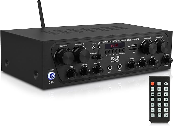 Pyle PTA42BT Wireless Karaoke Bluetooth Stereo Receiver - 4 Channel Power Amplifier w/USB,2 Microphone Input w/ Echo,Talkover for PA Great for Home Speaker System,Black