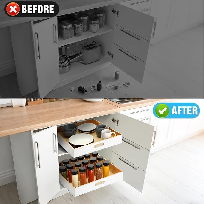 2 PCS Wood Pull Out Cabinet Organizers with Removable Dividers, 20''W x 21''D Nail-free Wood Sliding Drawers with Adhesive Tape, Roll Out Shelves for Kitchen, Pantry, Office (White)