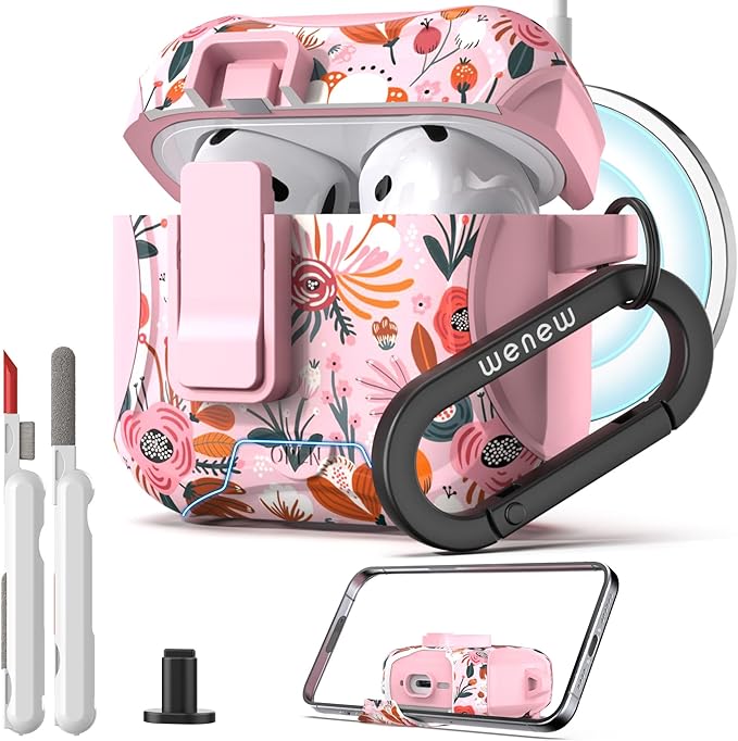 wenew Compatible with AirPods 4th Generation Case Cover with Phone Stand, Cleaner, Clip, Compatible with Magsafe Charger, One-Click Pop Open Lock iPod 4th Case (Pink 1, AirPods 4th)
