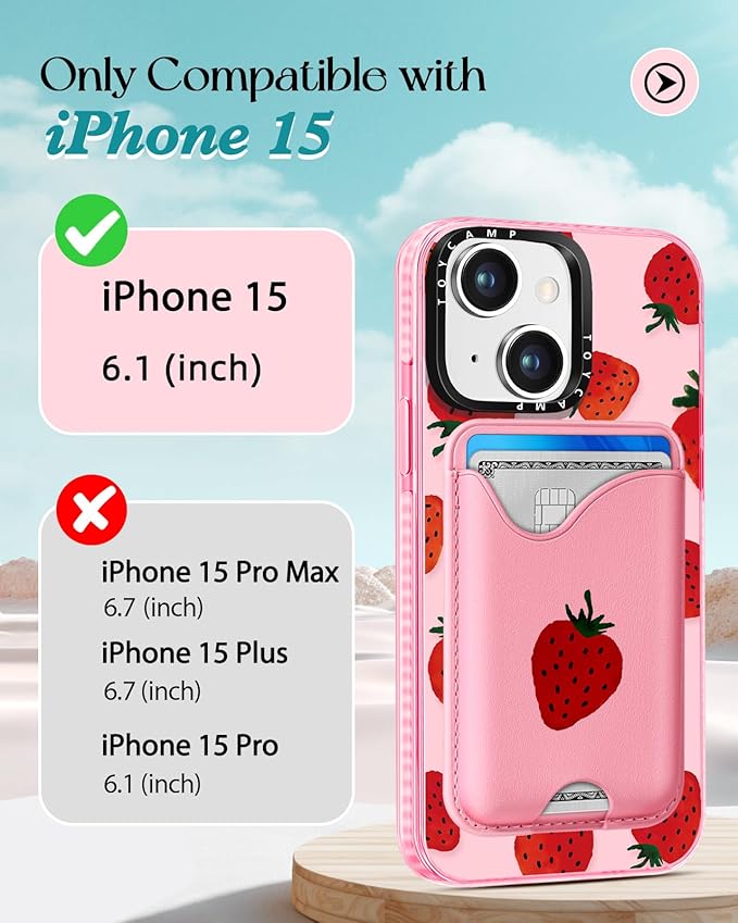 Toycamp for iPhone 15 Case - Compatible with Magsafe with Credit Card Holder Wallet Magnetic Cute Women Teen Girls Kawaii Girly Unique Strawberry Design Pretty Phone Cover for Apple 15 6.1"