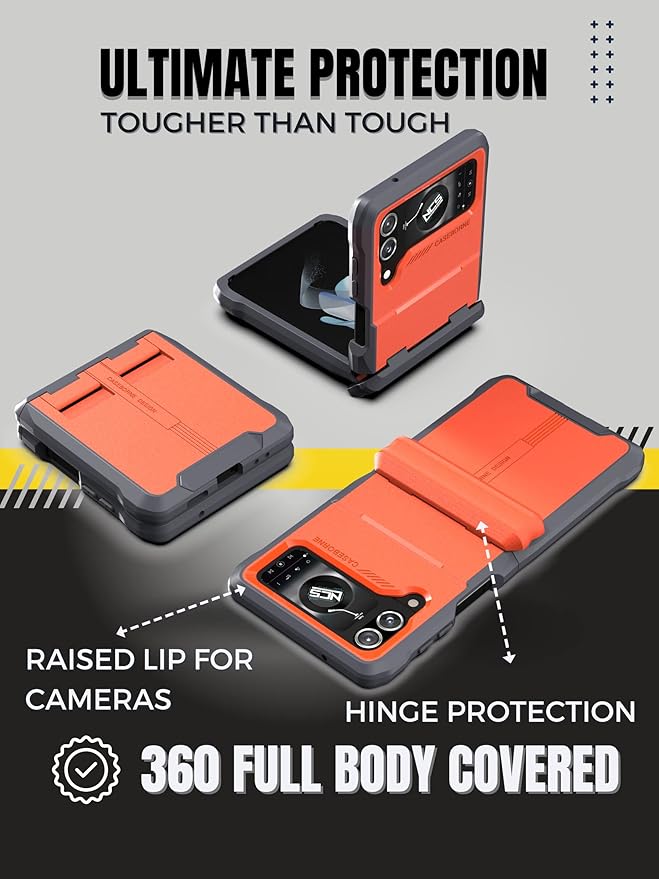 CaseBorne V Compatible with Samsung Galaxy Z Flip 4 Case/Flip 3 Case - Rugged Protective Case with Semi-Auto Hinger Cover, Full Body Multi-Layer Cover (Orange)