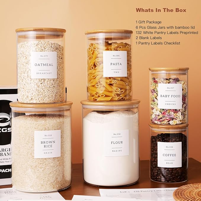 Set of 6 Glass Flour and Sugar jars with 132 Kitchen Pantry Labels - Thicken Large Glass Storage containers with Airtight Bamboo Lid - Rice Canisters for Salt Coffee - 100OZ/54OZ/27OZ