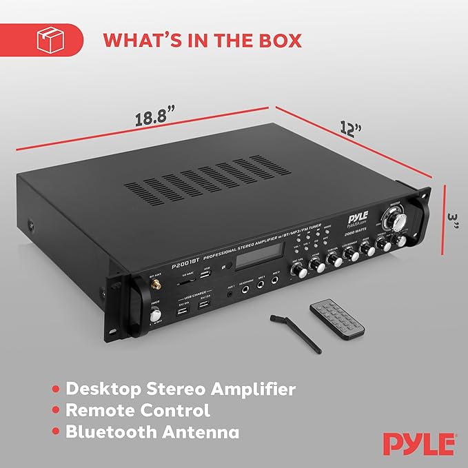 PYLE Multi Channel Bluetooth Preamplifier Receiver - 2000 Watt Audio Home Speaker Sound Stereo Receiver W/ Radio, USB, Headphone, Aux, RCA, Dual Microphone W/ Echo, Led, Wireless Streaming - P2001BT