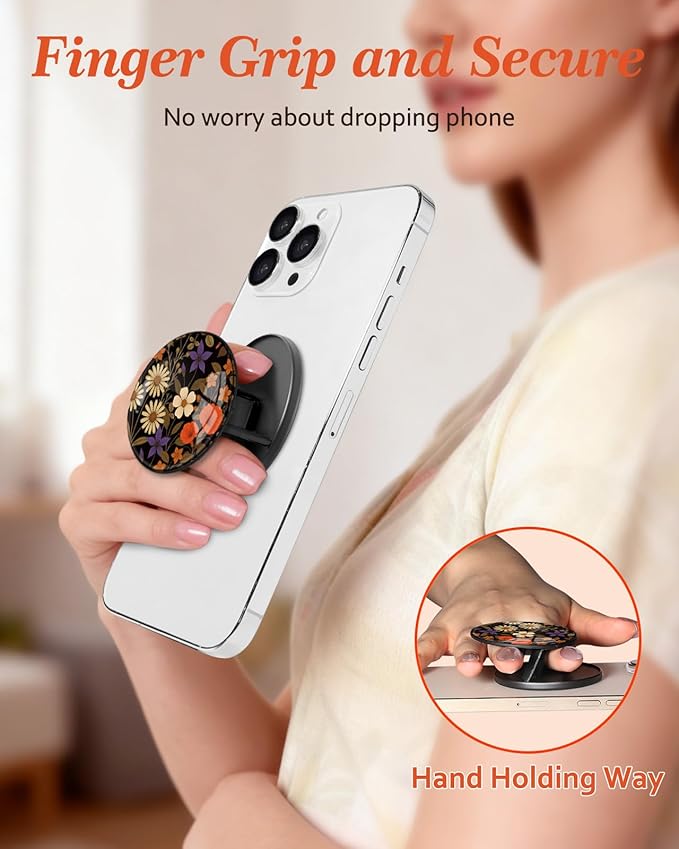Kidcube Magnetic Phone Grip Compatible with Magsafe - Cell Phone Grip Stand Magnetic Ring Holder Finger Kickstand for iPhone 17 16 15 14 13 12 Series Magnet Removable Accessories Cute Color Floral