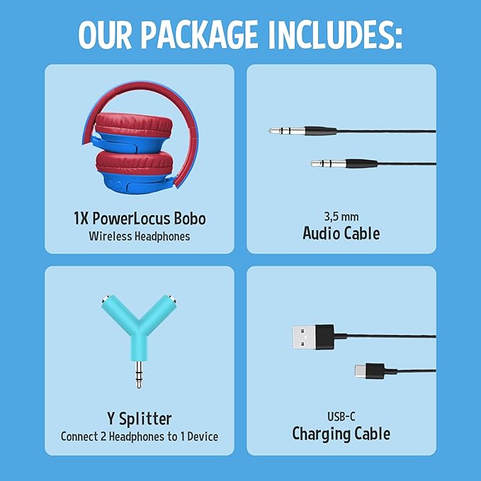 PowerLocus Kids Wireless Headphones, Bluetooth Kids Headphones LED Lights Over Ear with 74/85/94dB Volume Limited, 45H Playtime,Built-in Mic, Two Device Share Mode, HD Stereo for Travel/PC/Tablet