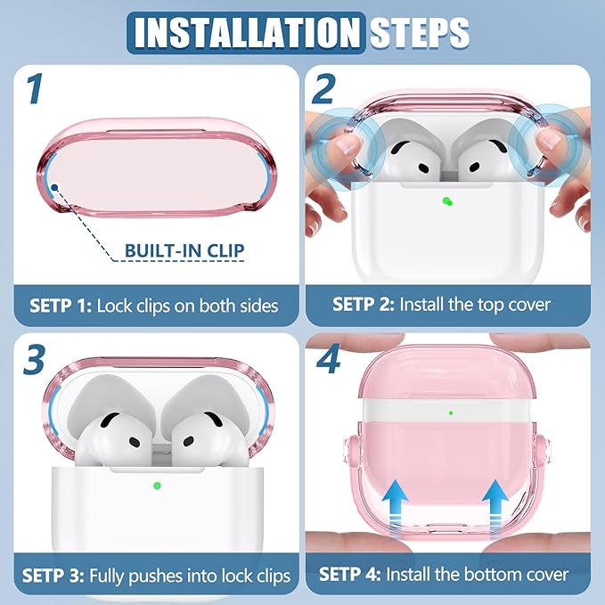 Safety Lock for Airpods 4 Case,TPU Clear Cases for Apple Air pods 4 Case with Cleaner Kit,Drop Protection Airpod 4 Cases Cover for Men for Women with Lock and Keychain,Clear Pink