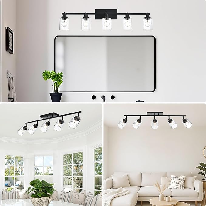 5-Light Black Track Lighting Kit Ceiling Mount Kitchen Track Lighting Fixtures, Bathroom Ceiling Tracking Vanity Light with Bubble Seeded Glass Shade & Rotatable Tracking Heads for Accent Shop
