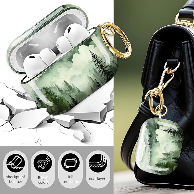Cute Hard Case Compatible with AirPods Pro 3rd Generation Case (2025), Shockproof Protective Cover with Golden Keychain Ring Clip (Green Mountain)