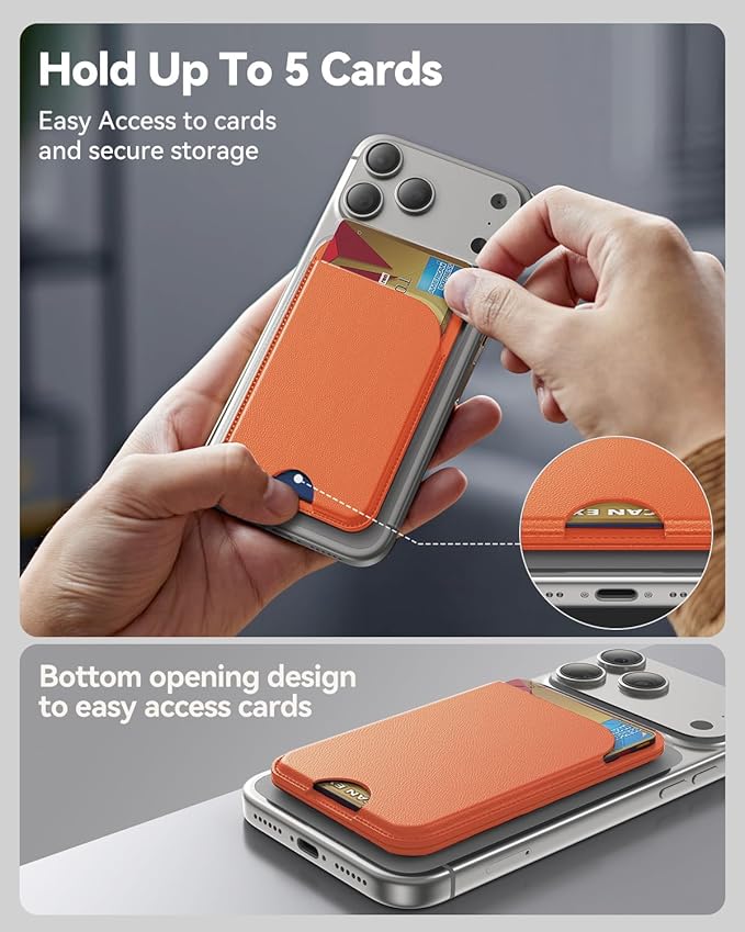 for MagSafe Wallet, 5 Cards Holder with Stand, Magnetic Phone Wallet Stand for iPhone 17/16/15/14/13/12 Pro Max Air Plus Series, RFID Blocking Vegan Leather,Orange