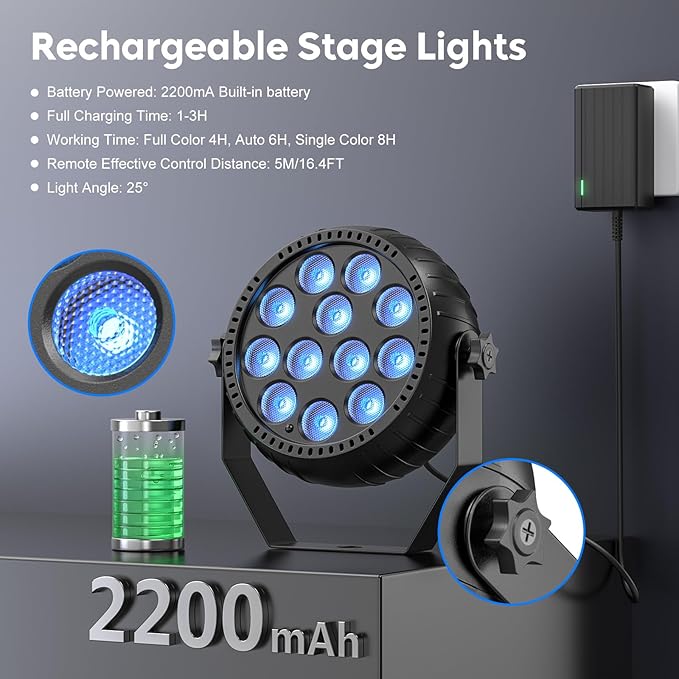 Rechargeable Stage Lights, 2200mAh Battery Powered LED Par Lights with Remote & Sound Activated, 12 RGB Portable Uplights for Events Wedding Party Club Concert Indoor 8Packs