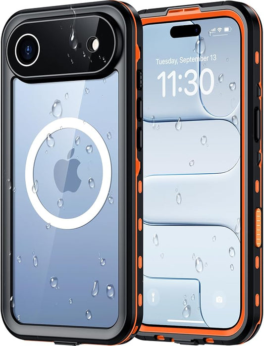Red2Fire for iPhone Air Case Waterproof, [Built-in Screen Protector & Camera Protector][Compatible with MagSafe][Full Body Shockproof][IP68 Waterproof][Dustproof] Phone Case 6.5" Orange/Clear