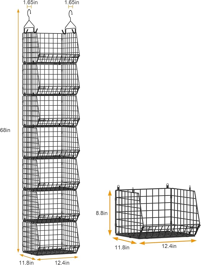 7 Tier Foldable Hanging Closet Organizer and Storage,Wire Closet Shelving with 5 S Hooks,Hanging Basket for Clothes Sweaters Shoes Handbags,Small Closet Organizers for Wardrobe Kitchen Laundry Room