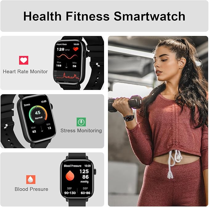 Smart Watch for Android iPhone-Call Receive/Dial/Read Message/AI Control-1.9" HD Screen-IP67 Waterproof Fitness Smartwatch-Blood Pressure/Heart Rate/SpO2/Sleep Monitor（Stone Black）