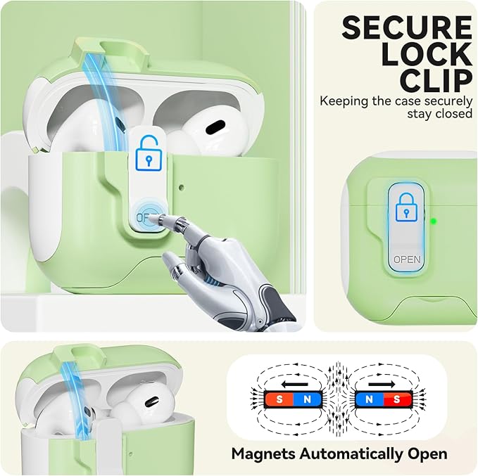 for AirPods Pro Case with Phone Stand,Secure Lock Case Compatible with Airpods Pro 2nd/1st Generation Case, Drop-Proof Case Cover with Cleaner and Lanyard for Women Girly (Pistachio Green)