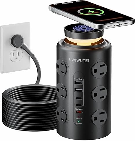 6FT Tower Power Strip with Wireless Charger & Night Light