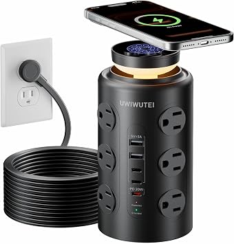 6FT Tower Power Strip with Wireless Charger & Night Light
