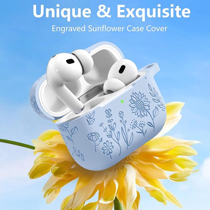 Flower Engraved Case for AirPods Pro 2 Gen with Clean Kit & Keychain, Cute Soft Silicone Protective AirPods Pro Case Cover for Apple AirPods Pro 2nd/1st Generation,Front LED Visible, Lilac