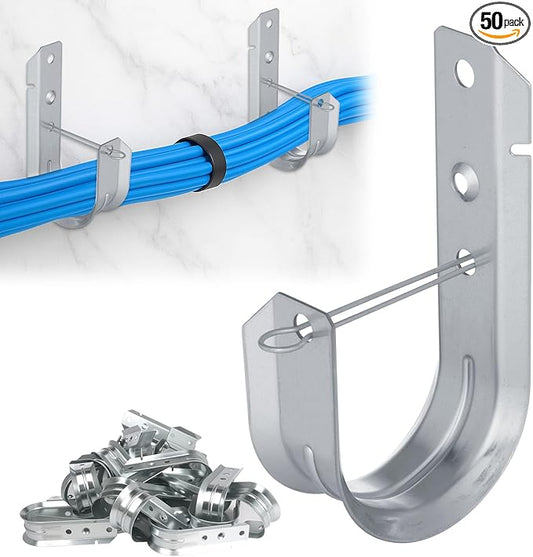 50 Pcs 2" Galvanized Steel J-Hooks, Heavy Duty Wall Mount Cable Support J Hook with Retainer Clip for Cable Management
