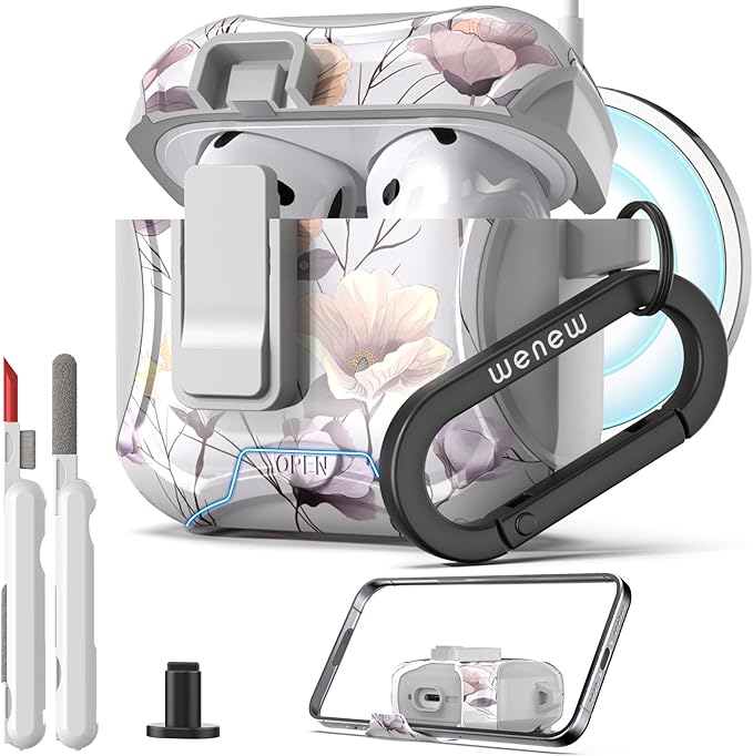 wenew Compatible with AirPods 4th Generation Case Cover with Phone Stand, Cleaner, Clip, Compatible with Magsafe Charger, One-Click Pop Open Lock iPod 4th Case (Gray, AirPods 4th)