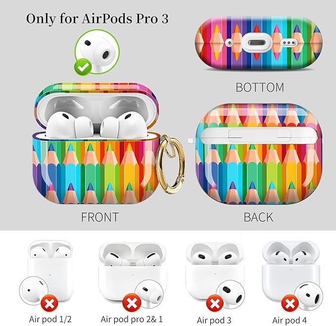 Case for AirPod Pro 3 Shock-Proof Protective Hard Case with Golden Keychain Compatible with Apple Airpods Pro 3rd Generation 2025 (Rainbow Pencil Pastel Vibes)