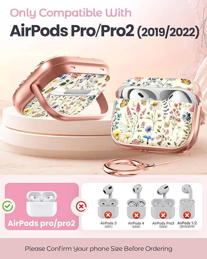 Coralogo for AirPods Pro2/Pro Case with Safety Lock - Cute Cartoon for AirPods Pro1/2 Generation for Women Girls Fashion Stylish Retro Flower Pattern Design Kawaii Girly Girlish Hard Protective Cover