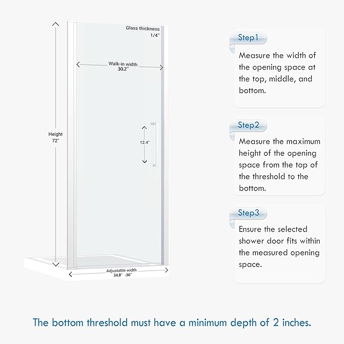 Frameless Pivot Shower Door 34.8-36" W X 72" H, 1/4" (6mm) Clear SGCC Tempered Glass, Hinged Pivot Swing Shower Door, Reversible Installation, Easy to Clean, Brushed Nickel