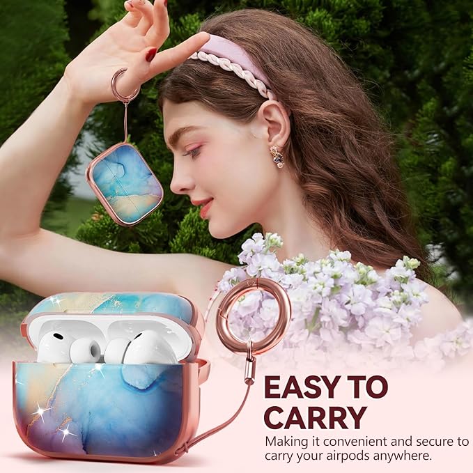 Inesore for AirPods Pro 3 Case 2025 with Lock, for Women Girly Floral Cute Case Compatible with Apple Airpods Pro 3rd Generation Cover, with Phone Stand,Keychain & Cleaner Kit- Rainbow Gold Marble