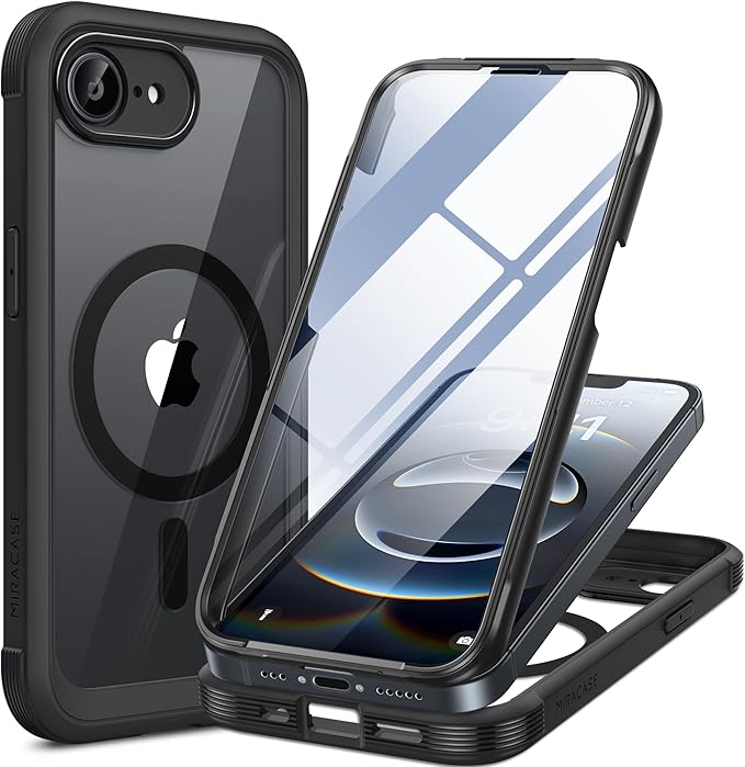 Miracase for iPhone 17e Case& iPhone 16e Case, Full-Body Phone with Built-in Glass Screen Protector, [Magnetic with MagSafe] Military Drop Proof 17 E/ 16 E Cover Bumper 6.1 inch, Black