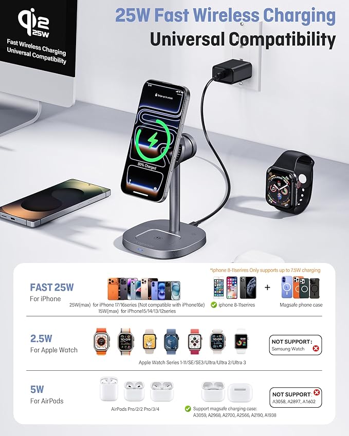 3-in-1 Wireless Charging Station Qi2.2 25W – MagSafe Fast Charger for iPhone, Apple Watch & AirPods