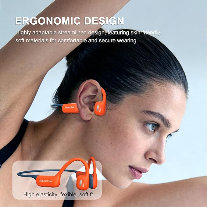 6.0 Bluetooth Swimming Headphones, IP68 Waterproof Bone Conduction Headphones, Liquid Silicone Wireless Open Ear Headphones, Built-in 32GB MP3 Player Underwater Headphone for Running(Orange-gray)