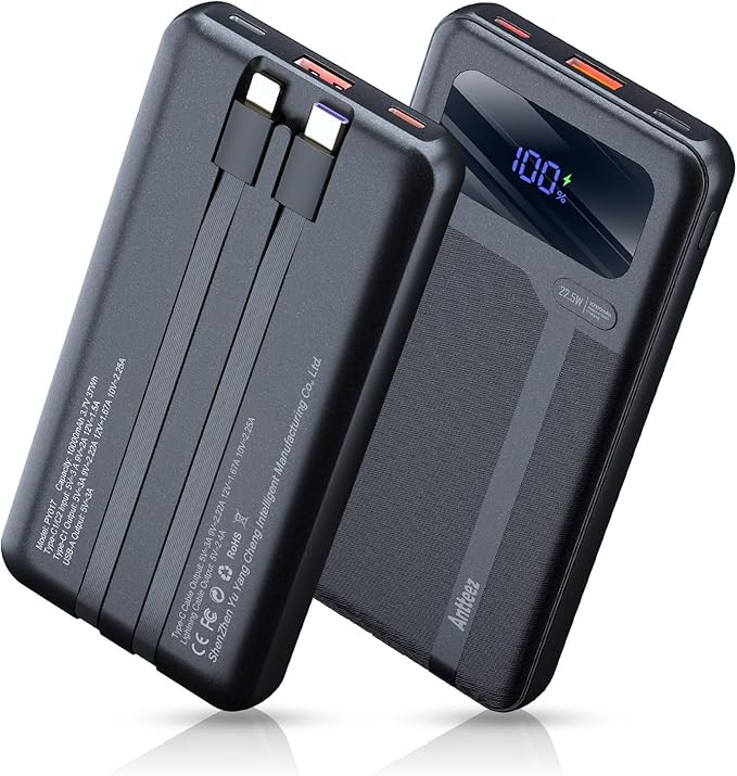 Antteez Portable Charger with Built in Cable - 10000mAh Fast Charging 22.5W Power Bank USB C LED Display Travel Battery Pack 4 Outputs & 2 Inputs for iPhone Samsung iPad Phones Tablets