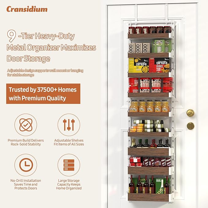 Over the Door Pantry Organizer: Pantry Organization and Storage with Hanging Basket - 9-Tier Metal Spice Rack Adjustable Shelves for Kitchen Bedroom Bathroom & Laundry Room White