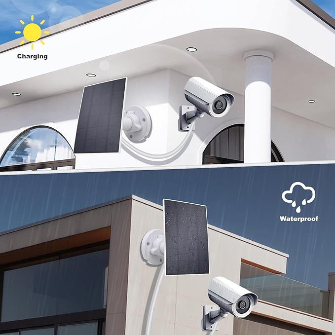 5V 3W Waterproof Solar Panel(2Pack) for Security Camera with 3.5MM Male and Elbow Cables & Type-C-Female Head & Micro-Female Head & Female to Female Cable, 360° Adjustable Wall Mount for Eufy Camera