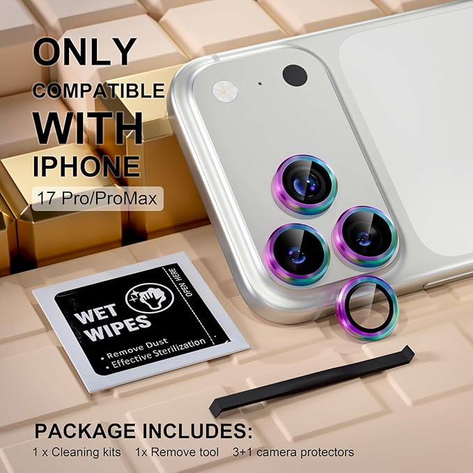 Misea Compatible for iPhone 17 Pro/iPhone 17 Pro Max Camera Lens Protector, Ultra-HD Tempered Glass Camera Cover Screen Protector Metal Individual Ring Protector Decoration Accessories, Colorful