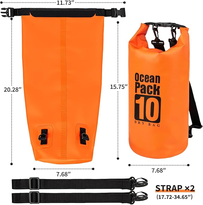 kullder Waterproof Backpack 10L, Roll Top Closure Water Proof Dry Bag Orange, Lightweight Floating Dry Bag for Kayaking Boating, Durable Hiking Backpack with IPX8 Waterproof Phone Pouch-Black, 7"