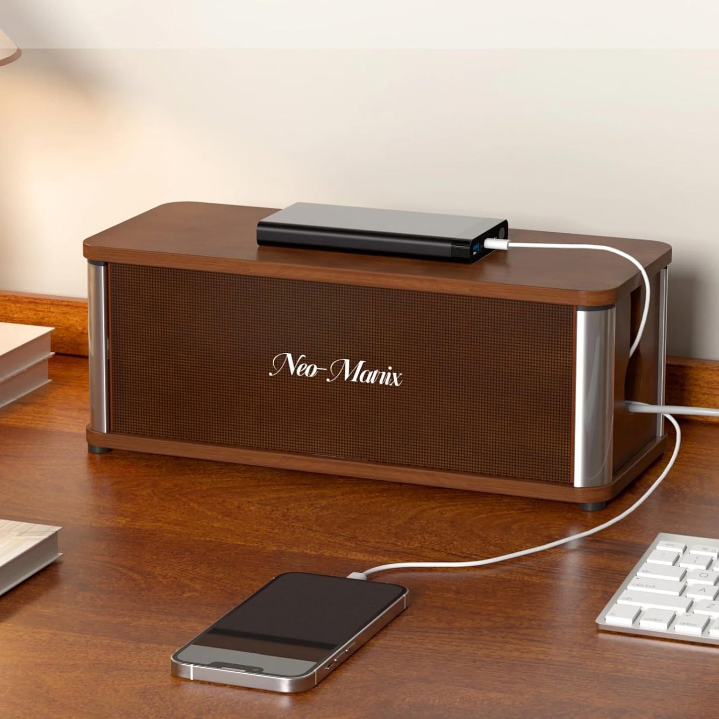 Techloop Living Wooden Cable Management Box – Retro Desk Cord Organizer, Dark Brown 14.3"