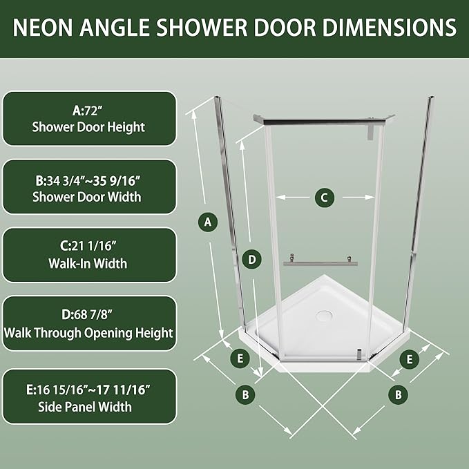 36" W x 36" D x 72" H Frameless Neo-Angle Shower Enclosure, Pivot Glass Shower Door with 1/4" (6mm) Clear SGCC Tempered Glass, Chrome Finish, Reversible Installation