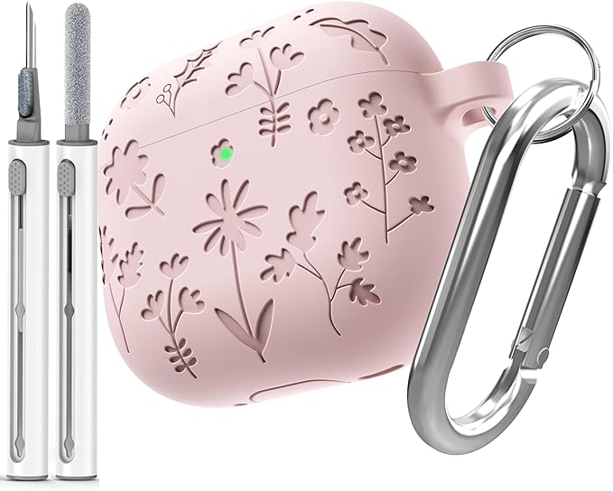 DamonLight Flora Engraved Case for AirPods 4 with Active Noise Cancellation Cover Shockproof Protective Soft Silicone Case with Cleaning Pen and Keychain for Apple Airpods 4th Generation(Pink)