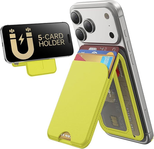 for MagSafe Wallet, 5 Cards Holder with Stand, Magnetic Phone Wallet Stand for iPhone 17/16/15/14/13/12 Pro Max Air Plus Series, RFID Blocking Vegan Leather,Fluorescent Yellow