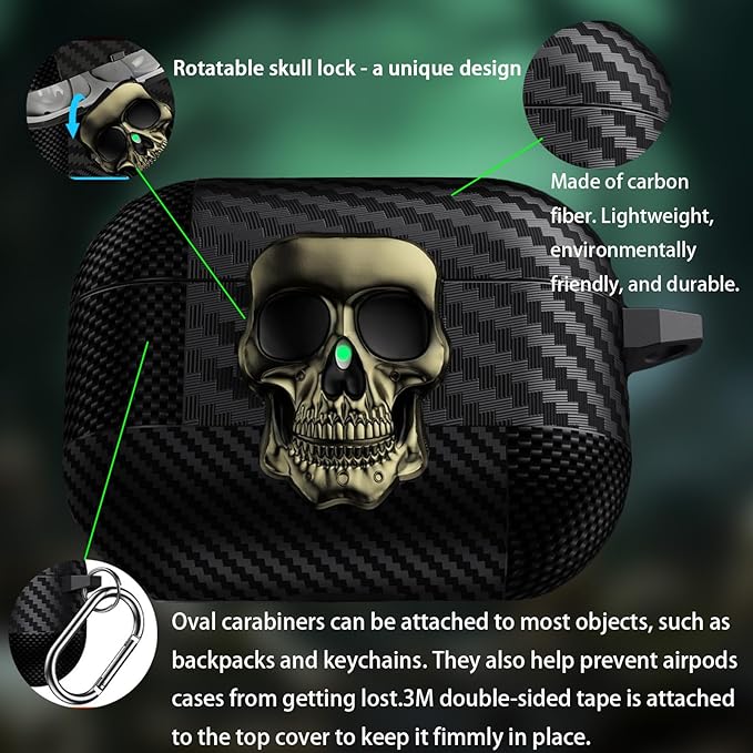 for Hard AirPods Pro 3 Case 2025|Funny 3D Skull Air Pods Pro 3 Case with Lock(Model A2700/A2931)|with Keychain|Halloween Cool Carbon Fiber Airpods 3 Pro Cases for Man Women(Bronze)