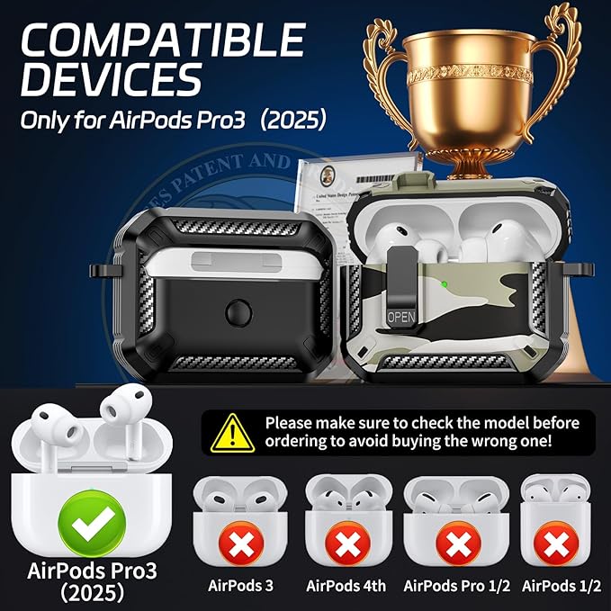 for AirPods Pro 3 Case (2025 New), Secure Lock Cases Cover with Cleaning Kit & Keychain Compatible with Airpods Pro 3rd Generation Case for Men Women, Powerful Drop Protection