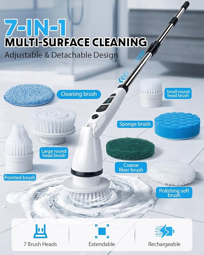 Electric Spin Scrubber, Shower Scrubber with Long Handle, 7 Brush Heads, 2-Speed Cordless Bathroom Cleaning Brush, 54in Extendable Electric Cleaning Brush for Tub, Tile, Floor & Kitchen