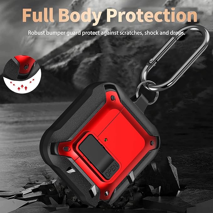 for Airpods 4 Case with Lock Clid, Rugged Apple Airpods 4th Generation Cover 2024 Men Women, Armor Shockproof iPod 4 Gen Protective Hard Shell with Carabiner&Cleaner kit, Black/Red